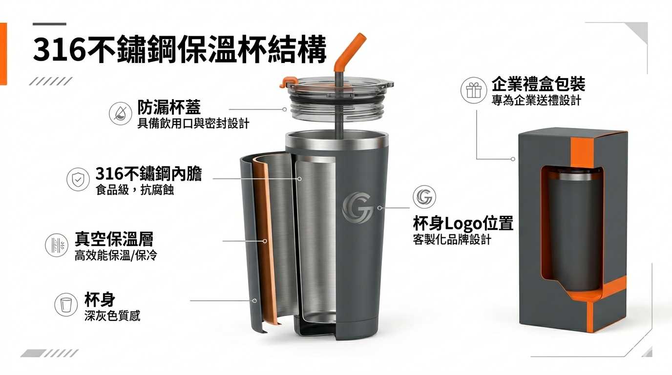 316不鏽鋼保溫杯結構與Logo訂製示意圖