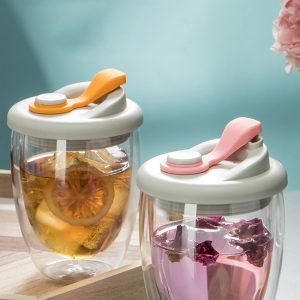 帶蓋雙層隔熱玻璃杯